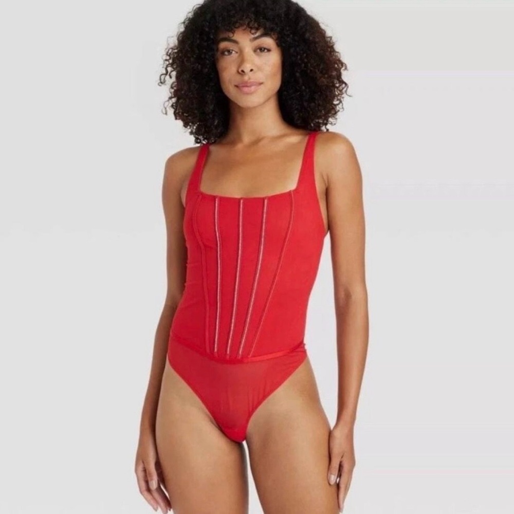 Auden BodySuit Lingerie Rhinestone Sleeveless Thong Red‎ Medium NWT